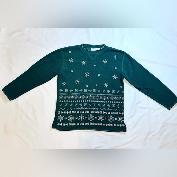 Vintage Bobbie Brooks Fleece Snowflake Holiday Crew Jumper - Forest Green - M - Picture 5 of 10